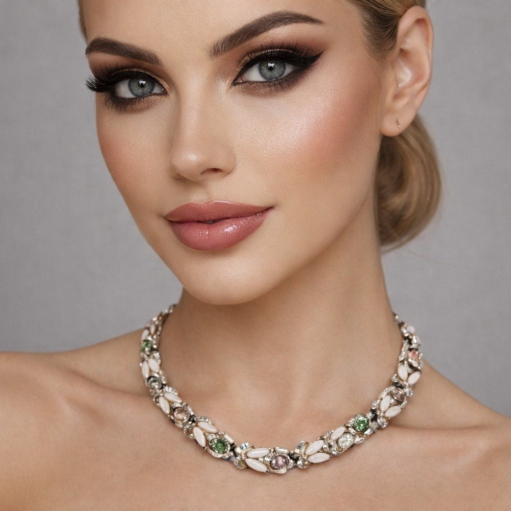Vintage BSK‎ Creamy White Irridescent Navettes AB Rhinestone Collar Necklace